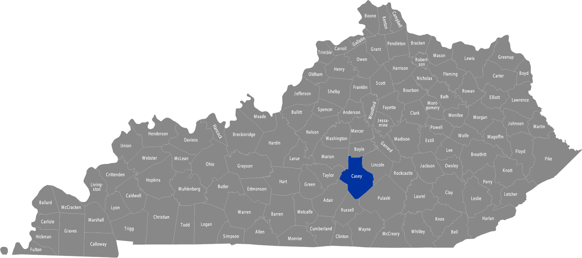 State of Kentucky map with Casey County highlighted 